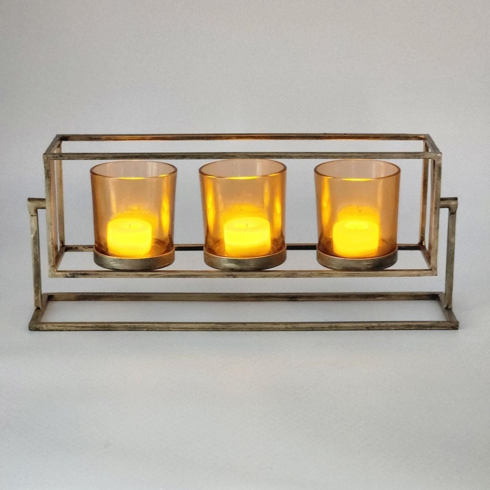 Rustic Triple Votive Tealight Candle Holder Aged Amber Glass In Brushed Bronze